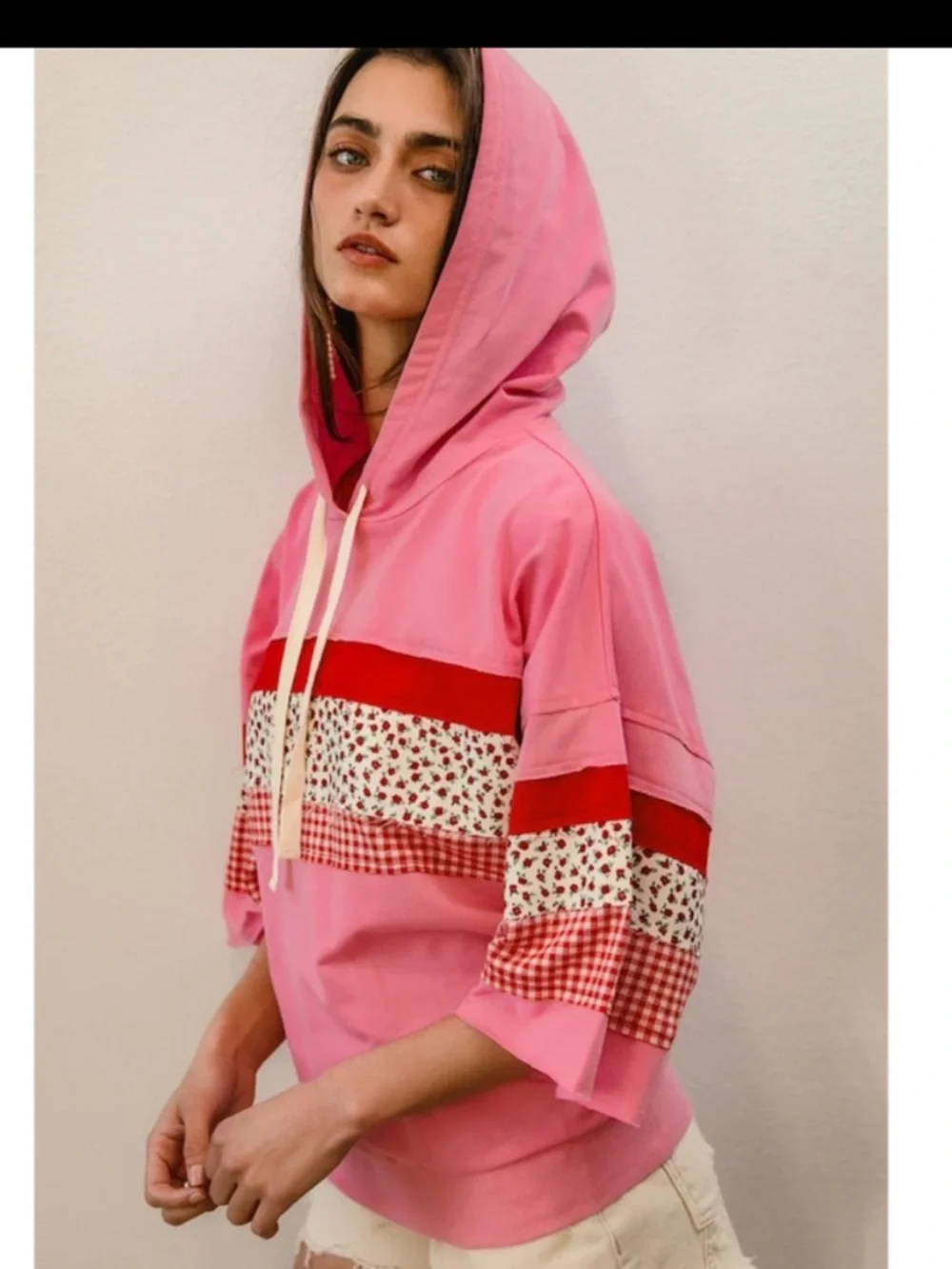 BiBi Pink Hoodie with Red & White Patterned Stripes,NWOT - Picture 2 of 3